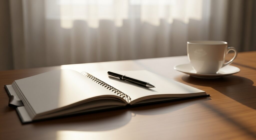 朝の柔らかな光の中、パソコンとノートを前にコーヒーを片手に執筆を始めるライター。集中した朝活の雰囲気を表現。
