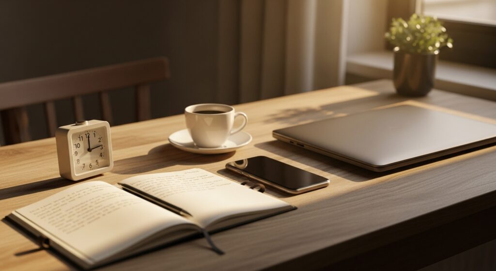 10分タイマーを起点に、視聴・メモ・演習へ進む行動フローを示した線画インフォグラフィック。開始が継続に繋がる流れを表現。