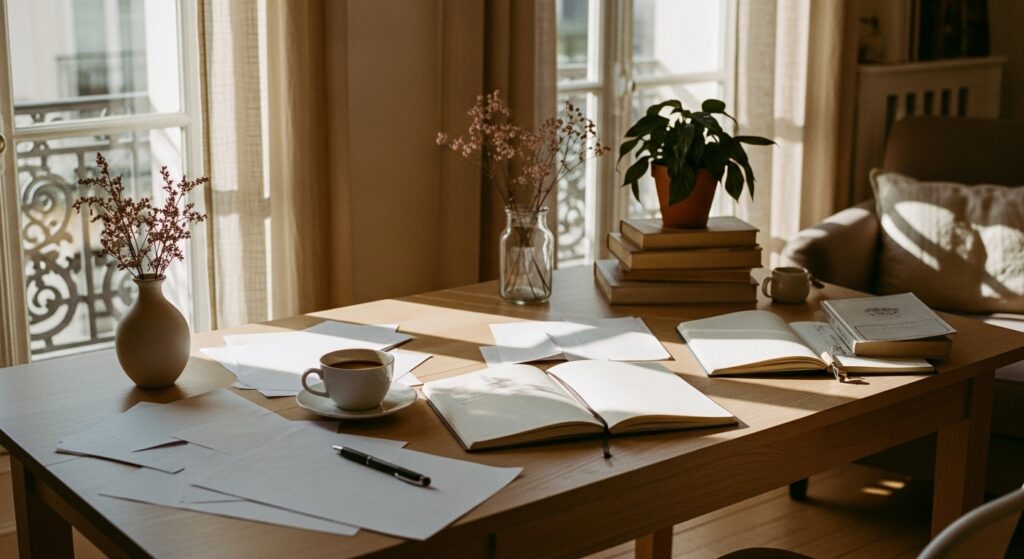ノートとコーヒー、静かな部屋の朝日。コツコツと学び続けるライターの成長と継続力をイメージ