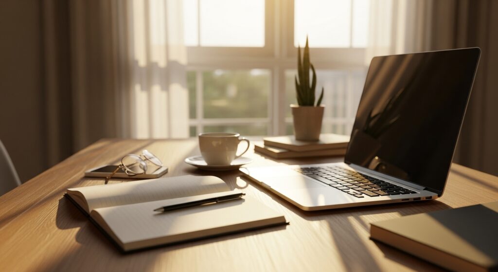 ノートとコーヒー、静かな部屋の朝日。コツコツと学び続けるライターの成長と継続力をイメージ