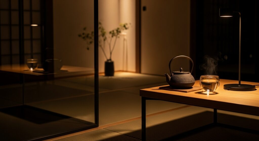 スマホをリビングに置き、机を整え、白湯を準備し、アラームを離してセットする朝活仕込みをするイメージ。