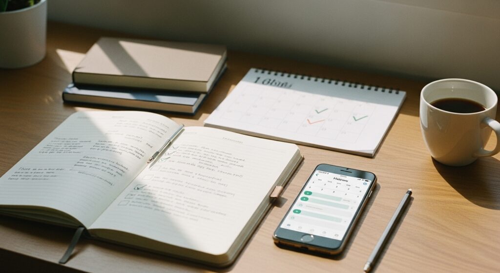 学習記録アプリと紙ノート、カレンダーを使って勉強の習慣化を可視化する仕組みを使っている朝活にイメージ。