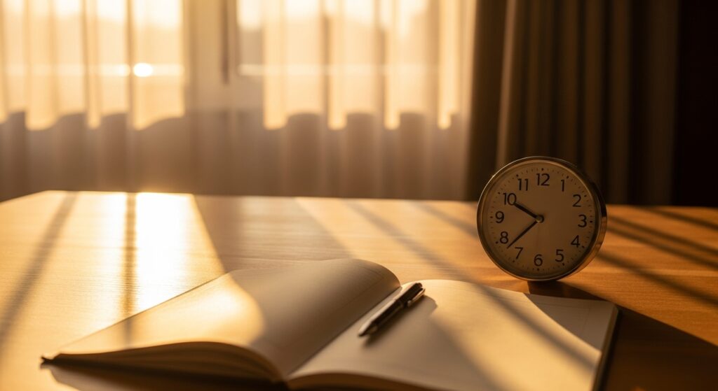 朝日とノート、時計、上向きの矢印を描いた線画で、朝の1時間を未来への投資として象徴的に表現。