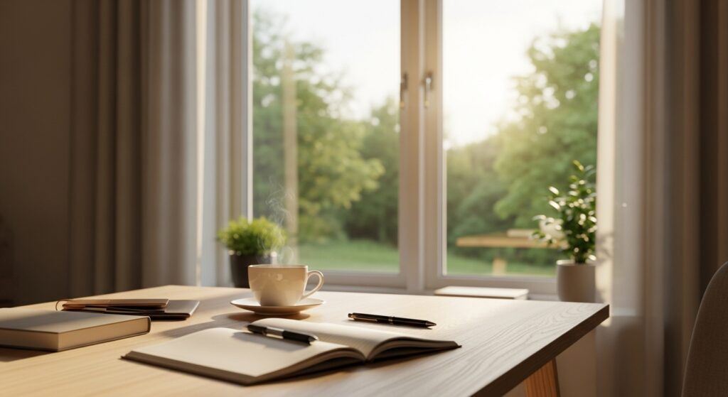 朝に集中できない原因は脳の準備不足。脳を集中モードに切り替えるイメージのイラスト（脳が目覚める光の中にいる様子）