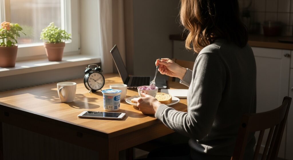 時間を気にしながらも、シンプルなトーストとヨーグルトを食べる朝のシーン。時短朝食のリアルな雰囲気