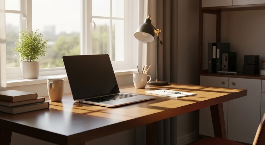 集中は気合ではなく設計で再現するというメッセージ画像。穏やかな朝日とノートPC、コーヒーカップが並ぶデスクの写真