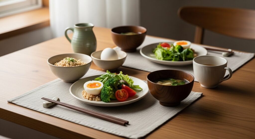 オートミール、卵、野菜、味噌汁などが並んだバランスの良い朝食。集中力を支える理想的な食事例。