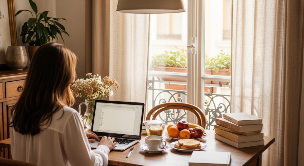 朝食をとる女性がノートパソコンの前で穏やかに仕事を始める朝の風景。集中力を高める食事の重要性を表す。