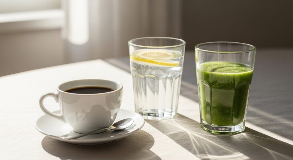  コーヒー、レモンウォーター、グリーンスムージーが朝の光に照らされて並ぶテーブル。