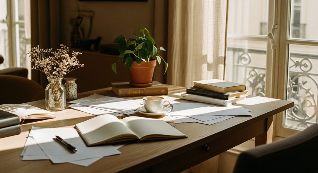 朝の柔らかな光の中、木のデスクでノートパソコンを開きコーヒーを飲みながらブログを書く人。静かな時間に集中する朝活ブロガーのイメージ。
