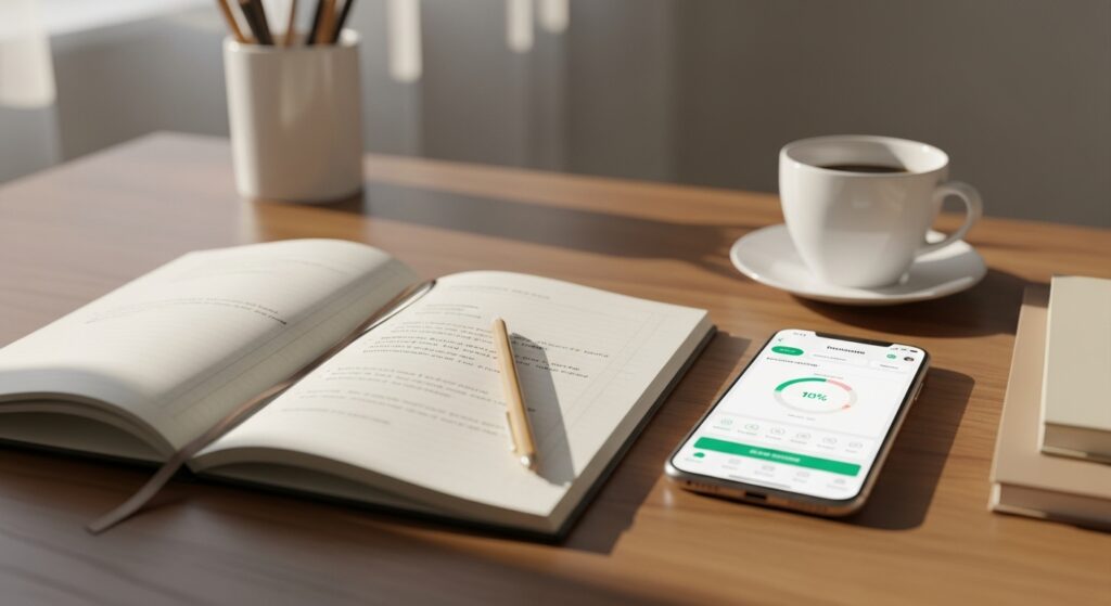 朝の集中力を高めるための5つのおすすめツール一覧。タイマー、ノートアプリ、習慣トラッカー、学習記録アプリ、時間管理アプリなどを並べた構成イメージ