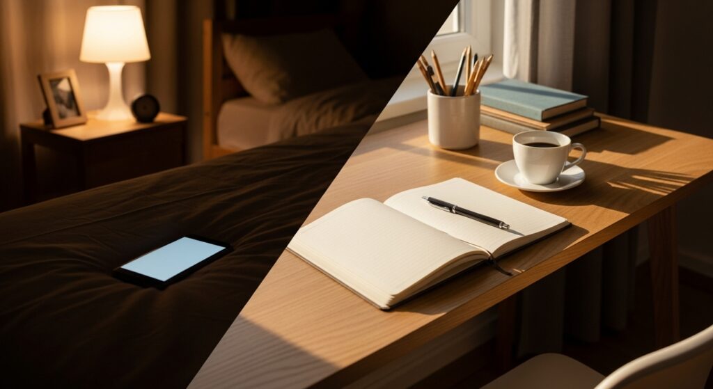 夜にスマホで時間が過ぎる場面と、朝の机で学習を始める場面を対比した線画イラスト。高い目標から小さな開始への切り替えを表す。