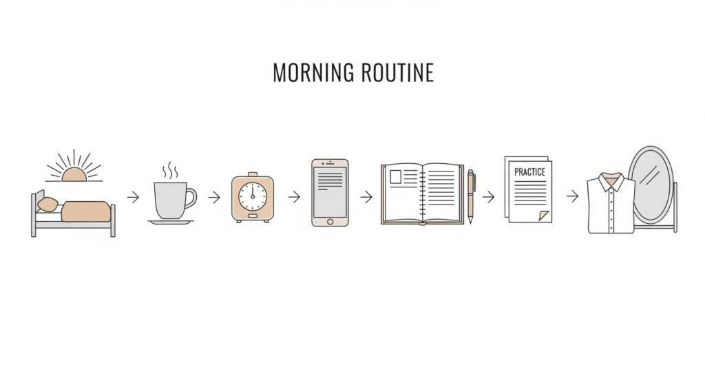 起床、白湯、10分タイマー、講義視聴、ノート、演習、身支度までの朝ルーティンを並べた線画タイムライン。