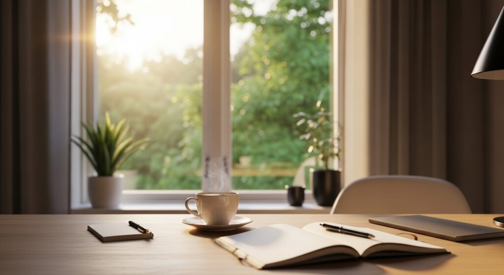 朝日、ノート、上向きの矢印を組み合わせたイメージ。小さな開始が成果に繋がることを象徴的に示す。