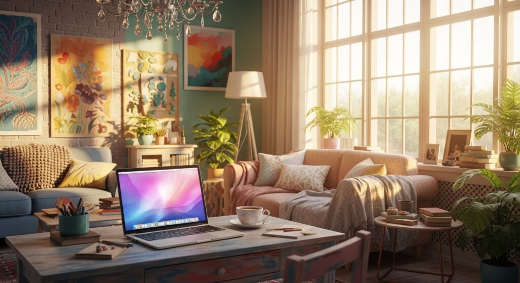 朝日が差し込むデスクでノートパソコンを開き、ゆっくりと文章を書く人。時間を積み重ねて資産を育てる朝活の象徴。
