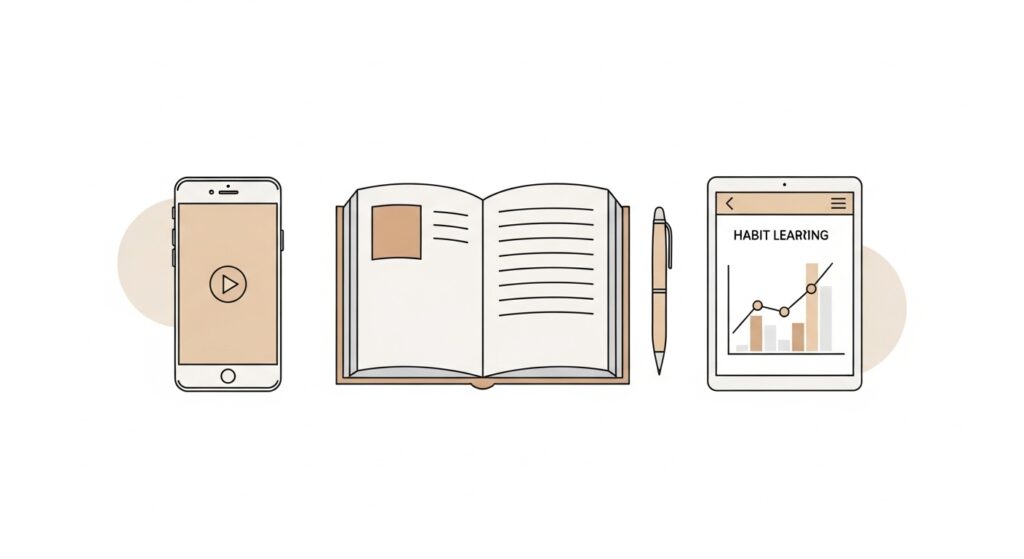 スマホの動画レッスン、紙テキストとペン、習慣記録アプリのグラフを並べた線画イラスト。10分設計を支えるツール群の要約。