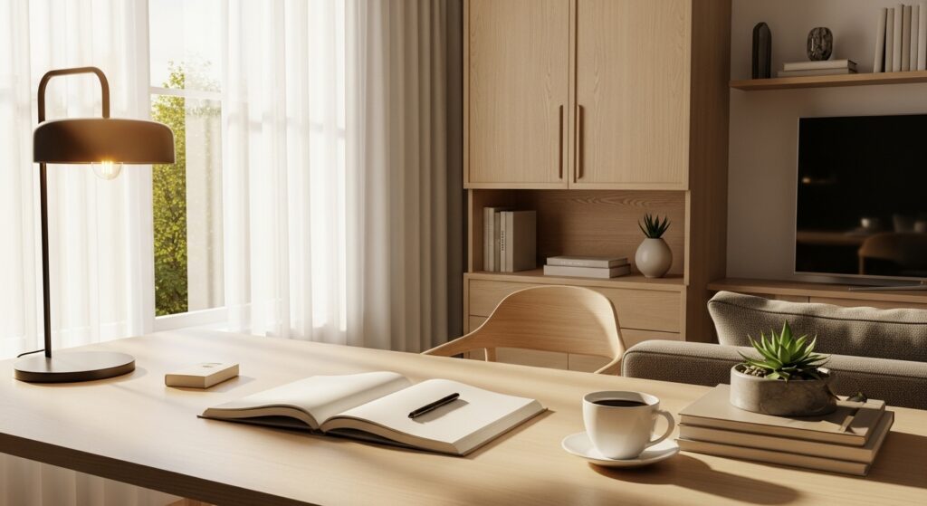 WordPressの管理画面を開き、パソコンでブログを設定している手元の写真。初心者がブログを開設しているシーンを表現。
