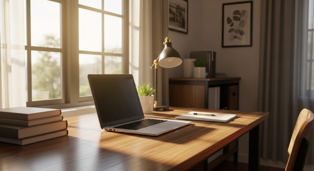 デスクにノートPCを置いて静かに朝活するイメージ