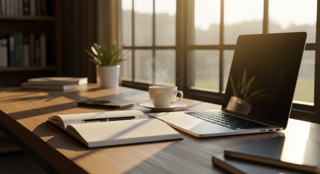 温かなライトの下、ノートに書き込む.。副業ライターとして初報酬を得るまでの努力を象徴する。