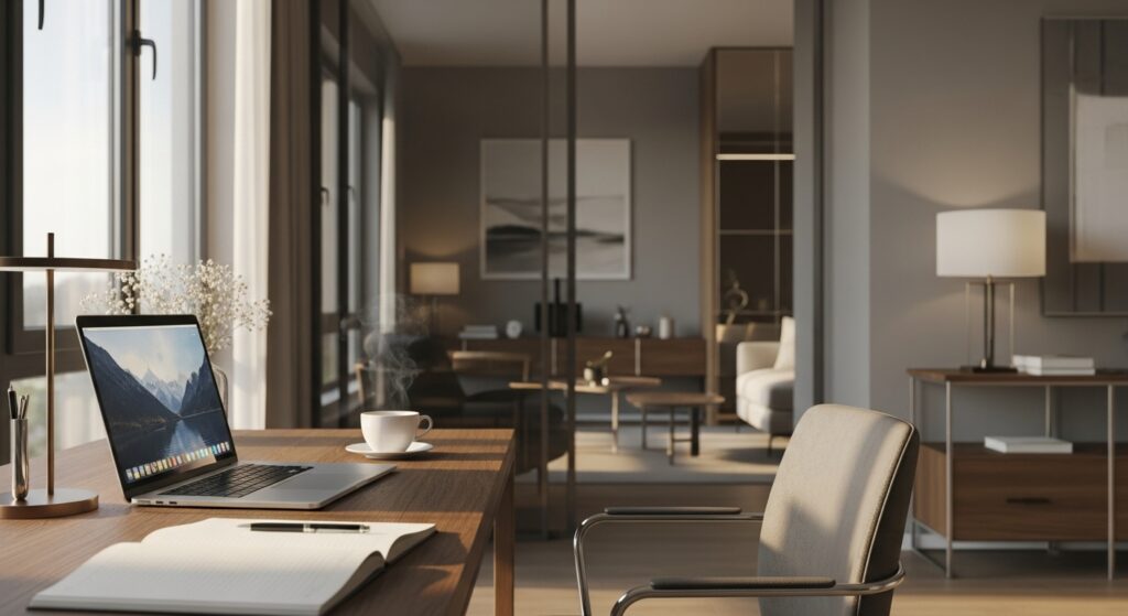 朝の静かなデスクで副業の準備をするイメージ